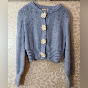 Freshman 1996 Women’s M Light Blue Crochet Flower Cropped Cardigan Sweater